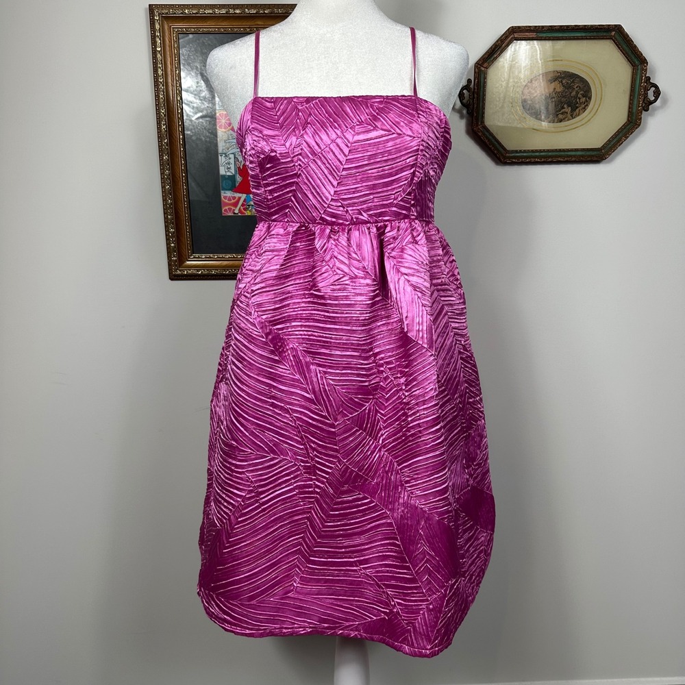 Hot Pink Satin Textured Mini Babydoll Dress - SIZE M TCEC Barbie Core Party